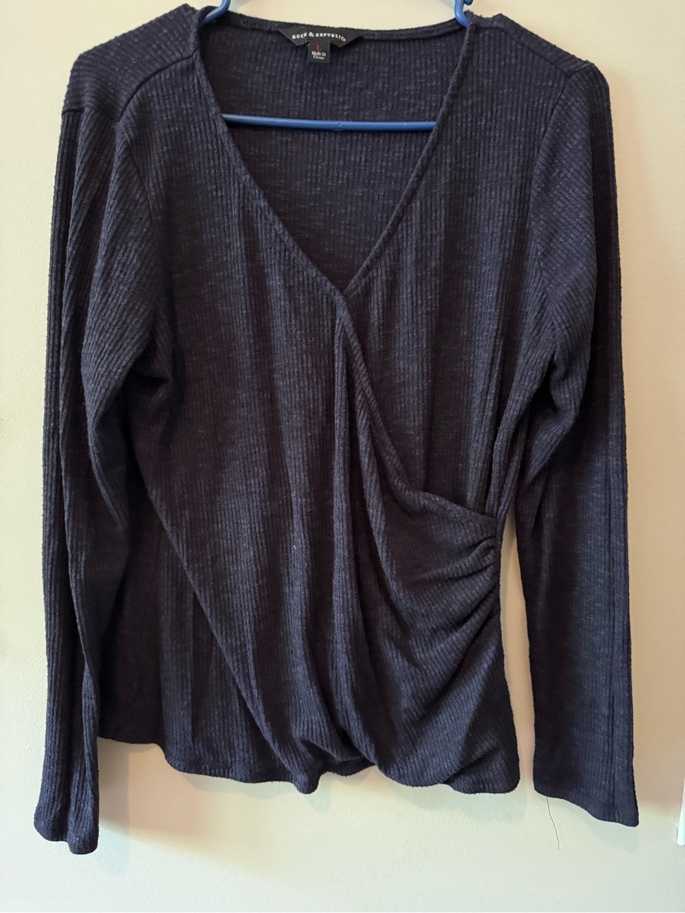 Rock & Republic Navy Ribbed V-Neck Wrap Sweater